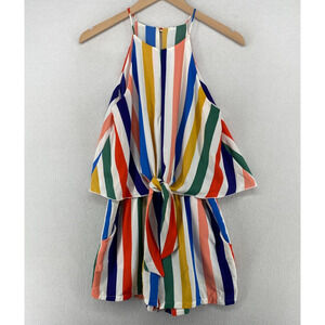 DARAH DAHL Romper M Striped Tie Front Spaghetti Halter Mini Blue Yellow